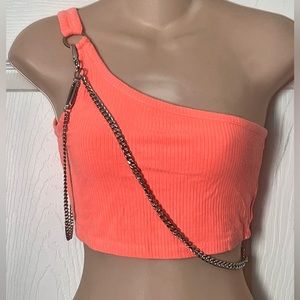 LF Emma & Sam Neon Orange One Shoulder Ribbed Crop Tank Top with Crossbody Chain